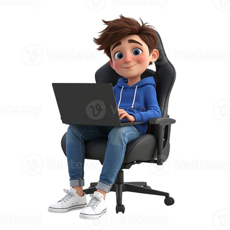 Cartoon boy immersed in digital world while seated in a gaming chair with a laptop
