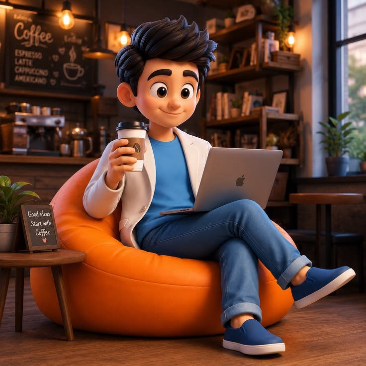 Cute 3D Cartoon Boy Working at Cozy Coffee Shop MacBook Coffee Vibes